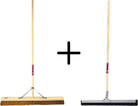 Synx Tools Coco Binnenbezem 90cm + Vloertrekker 60cm met Steel 150cm - Zaalveger – Vloerreiniger – Extra breed - Zachte bezem kokos met steel 160cm