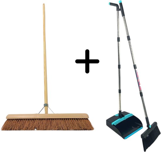 Synx Tools Cocos BinnenBezem 60cm & Stoffer en Blik set van 2 - Zaalveger - Zachte Bezem - Cocosharen - Stoffer & Blik Met Schoonmaaktanden - Verstelbaar steel tot 121 cm van Synx Tools