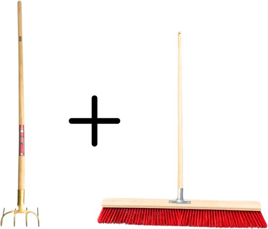 Synx Tools Mesthaak 4 Tanden + Nylon Stal Straatbezem 80 cm - Kunststof haren - Schrobborstels - Mestvork met steel 130 cm - Buitenbezem met steel 150 cm van Synx Tools
