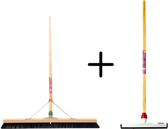 Synx Tools Paardenhaar 100cm + Vloertrekker Kunststof 35cm met Steel 120cm – Zaalveger – Vloerreiniger – Natuurrubber – Zachte binnenbezem met steel 150cm