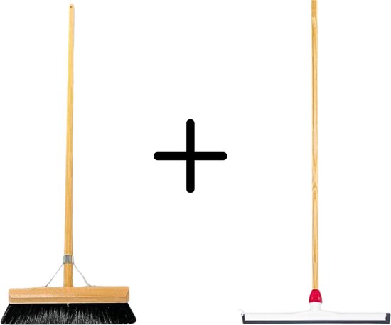 Synx Tools Paardenhaar 30cm + Vloertrekker Kunststof 55cm met Steel 150cm – Zaalveger – Vloerreiniger – Natuurrubber – Zachte binnenbezem met steel 130cm