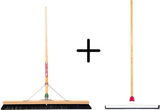 Synx Tools Paardenhaar 80cm + Vloertrekker Kunststof 45cm met Steel 150cm – Zaalveger – Vloerreiniger – Natuurrubber – Zachte binnenbezem met steel 150cm