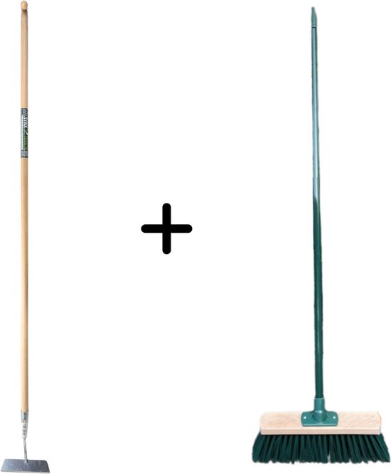 Synx Tools Rechte Schoffel 20cm met 160cm steel en Synx Tools Bezem Groen 30cm steel 117cm - Onkruidbestrijding / Onkruidverwijderaar -Straatbezem / Buitenbezems van Synx Tools