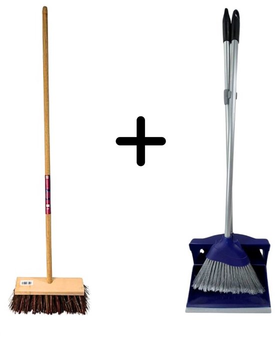 Synx Tools Stadsbezem Steel 150cm & Stoffer en Blik met lange steel 95cm - Harde natuurvezels - Straatbezem - Hotel Stoffer Blik set - sluitend model van Synx Tools
