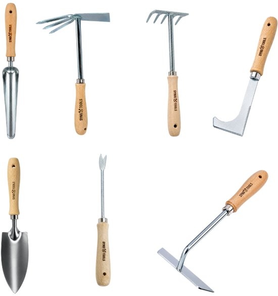 Synx Tools tuingereedschapset 7 delig - Tuingereedschap - Handhark - Onkruidsteker - Tuinschepje - Handvoegenmes - Handharkjes - handgereedschapset - hand harkje