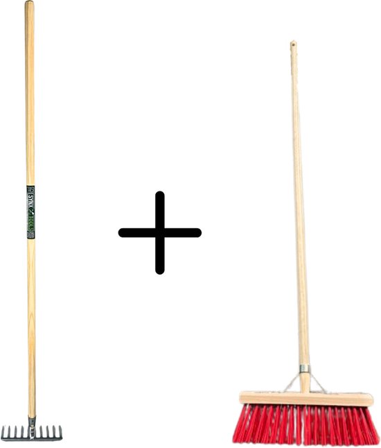 Synx Tools Tuinhark 10 Tanden verzinkt + Nylon Straatbezem 35 cm - Kunststof haren - Bodembewerkers - Onkruidverwijderaar – Schrobborstels – Buitenbezem met steel 150 cm – Hark met steel 150 cm van Merkloos	