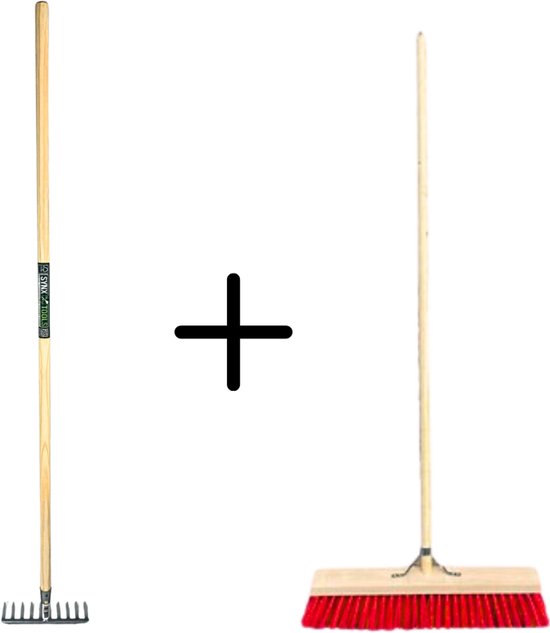 Synx Tools Tuinhark 10 Tanden verzinkt + Nylon Straatbezem 60 cm - Kunststof haren - Bodembewerkers - Onkruidverwijderaar - Schrobborstels - Hark met steel 150 cm - Buitenbezem met steel 150 cm van Merkloos	
