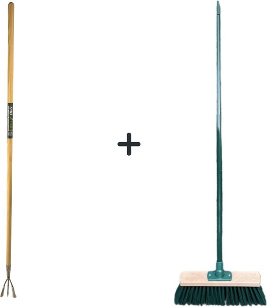 Synx Tools Tuinkrabber 3 Tanden Met Steel 150cm + Buitenbezem Groen Met Steel 117cm - Tuinkrabber - Buitenbezem van Synx Tools