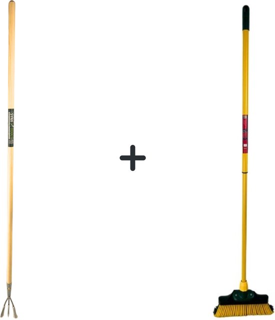 Synx Tools Tuinkrabber 3 Tanden Met Steel 150cm & Synx Tools Klauwbezem 28cm - bezem buiten - straatbezem - krallenbezem - Telescopische steel 70 - 140cm - 35cm -Cultivator - Verzinkt - Hark - Harken van Synx Tools