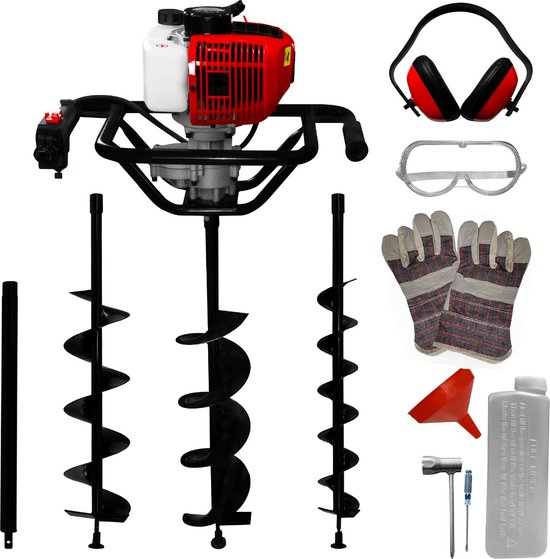 T-Mech Aardboor Hekpaal Gatboor Grondboor - Benzine Spiraalgraver met 3 Boren & Verlengstok - Zwart/Rood - 52cc Motor - Incl. Veiligheidsaccessoires & Gereedschapset van T-Mech