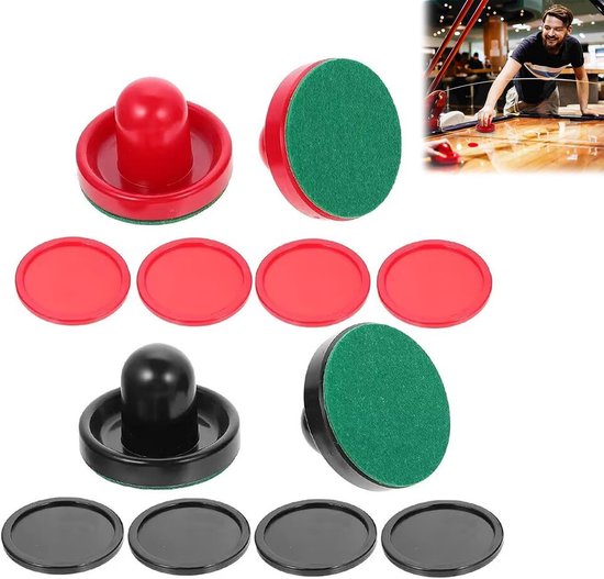 Tafelhockey-set - luchthockey-set - luchthockey-pushers - drukknop voor airhockey - tafelspel voor kinderen - kunststof tafel - ijshockey-set - 4 flanel - 8 pucks van Merkloos	