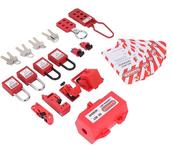 Tagout Set for Electric Lock, Clamp on Multi-Pole Lockers for Circuit Breakers, 4 Loto Locks (2 Keys per Lock), Plug Locks, 2 Bars, 5 van Merkloos	