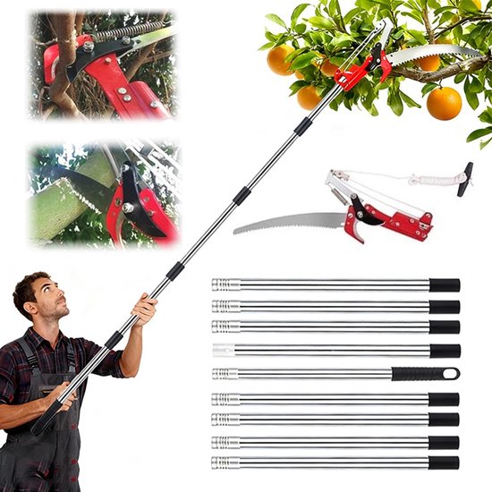 takkenschaar met takkenzaag, 4 m met telescoopsteel, lichte roestvrijstalen tuinzaag, telescopische zaag met draagtas, met 9 stangen, voor snoeiwerkzaamheden en boomverzorging