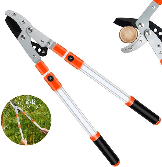 Takkenschaar - Tandwielmechanisme - Lengte 69-97 cm - Telescopische snoeischaar - Tuingereedschap - Aluminiumlegering stalen buis - Telescopische snoeischaar - Verstelbare bladspanning - Aambeeld - Oranje-rood