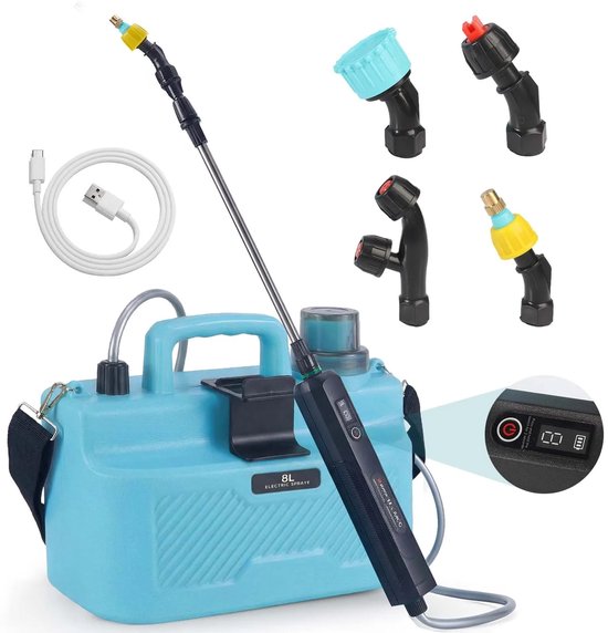 TamTrade Druksproeier - Drukspuit - Elektrische sproeier - Rugspuit - Telescopische verlengingspaal - 8L - Blauw - Elektrisch