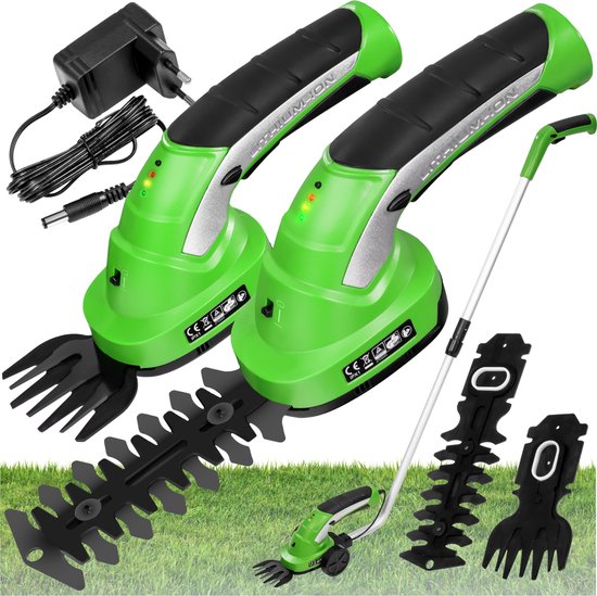 tectake® 2-in-1 Accu Heggenschaar - Buxusschaar en Grasschaar met Ergonomische Telescoopsteel en Wielen - Inclusief 7.2V Accu en Oplader - Voor Gras, Heggen en Struiken van Tectake