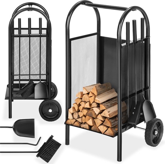 tectake® Houtwagen - Houtkar met 2 wielen - Met schep, pook en bezem - Duurzaam en praktisch voor openhaardhout - 42,5 x 38 x 80,5 cm - Brandhoutkar van Merkloos	