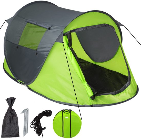 tectake® Pop-up Tent voor 2 Personen - Inclusief Spantouwen, Haringen en Praktische Draagtas - Diverse Kleuren - grijs-groen| nr. 401675 van TecTake