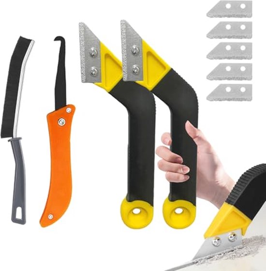 Tegelvoegenverwijderaar, 9 stuks, voegenreiniger, voegenverwijderaar, gereedschap, tegelvoegen, verwijdergereedschap, groef reinigingsgereedschap met 5 reservemesjes, 1 borstel voor muur, badkamer, van Merkloos	