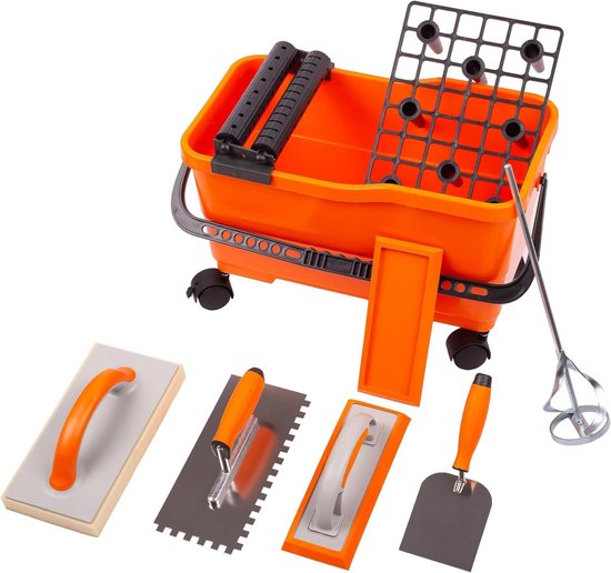 Tegelwasserset 7-delig - Stukadoorsgereedschap Kit - Tegels Leggen - Met Wielen - 22L Emmer - Grijs/Oranje