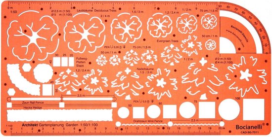 Tekenhulp Sjabloon - Ontwerp Mal - Tuin Ontwerpen - Schaal 1:50 1:100 - 26 x 13 cm - Oranje