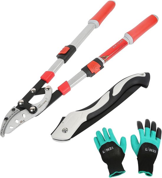 Telescoop Snoeischaar Aambeeld met Ratel, Inclusief Vouwzaag en Tuinhandschoenen van Merkloos	