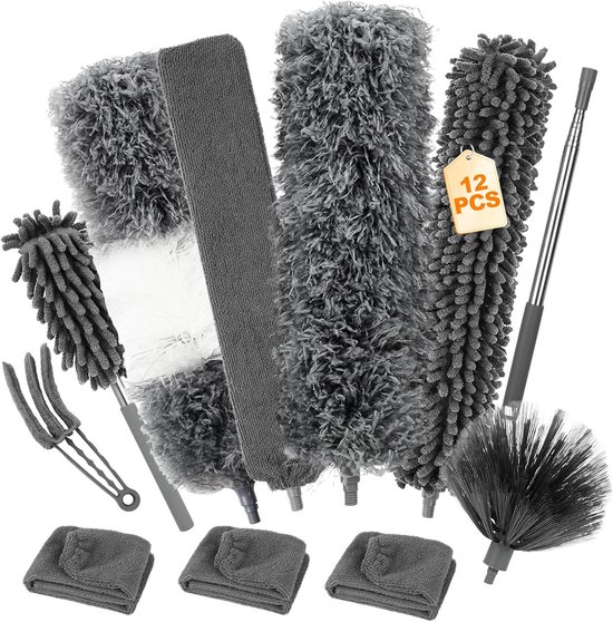 Telescoop Stofdoek Set - Uitschuifbare Plumeau - Hoge Oppervlakken Reinigen - 12 Delige Kit - Tot 245 cm - Zwart