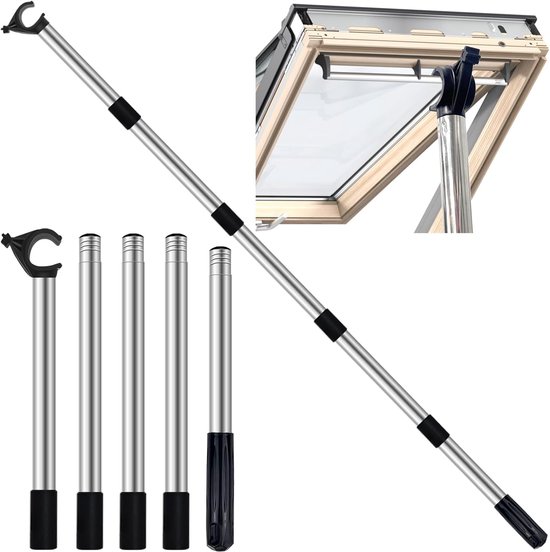 Telescoopstang voor Dakramen en Jaloezieën - Uitschuifbaar tot 186 cm met Universele Haak van Merkloos	