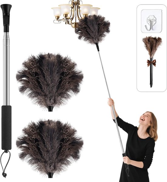 Telescopic duster ostrich feathers, extendable up to 170 cm for high surfaces and sensitive interiors, washable and scratch-resistant (duster for ostrich feathers, replacement head