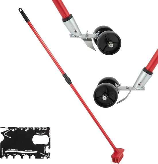 Telescopic Weed Remover with Wheels - Long Handle Garden Tear Cleaner with Interchangeable Blades and 43-in-1 Map Tool