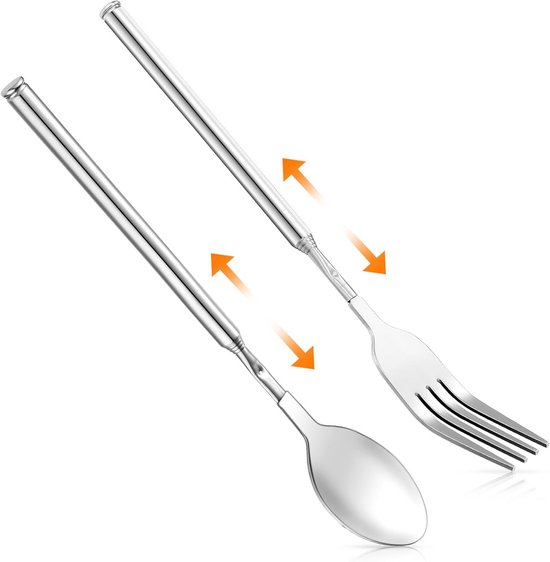 Telescopisch Bestek - Uitschuifbare Vork Lepel - Lange Afstand Eten - Roestvrij Staal - 20-65 cm - Zilver
