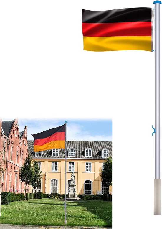 Telescopische Aluminium Vlaggenmast 6.5 m met Trekkoord, Grondanker en Hoogte Verstelbaar voor Duitse Vlag
