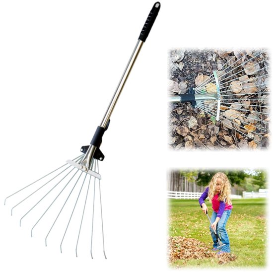 Telescopische bladhark - Bladbezem - Verstelbare tuin bladhark - Gazonhark - Openklapbare draadhark - Metalen tuinhark - 9 strengs draad - Voor gazons, tuinen, bloemperken (53,5*12 cm - Zwart)