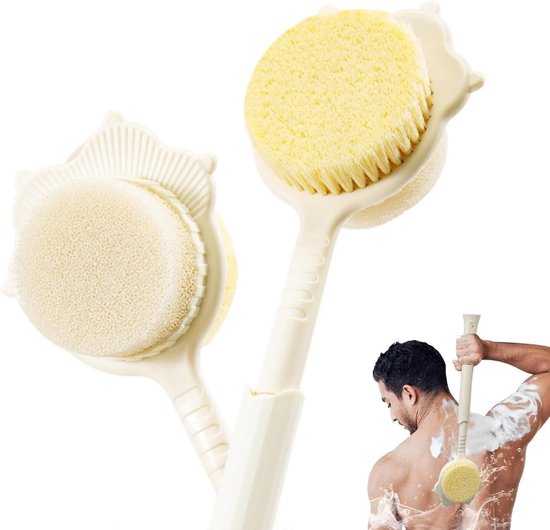 Telescopische doucheborstel met 360° roterende borstelkop, verstelbare lengte, dubbelzijdig siliconen spons en nylon borstels, antislip handvat, opbergclip