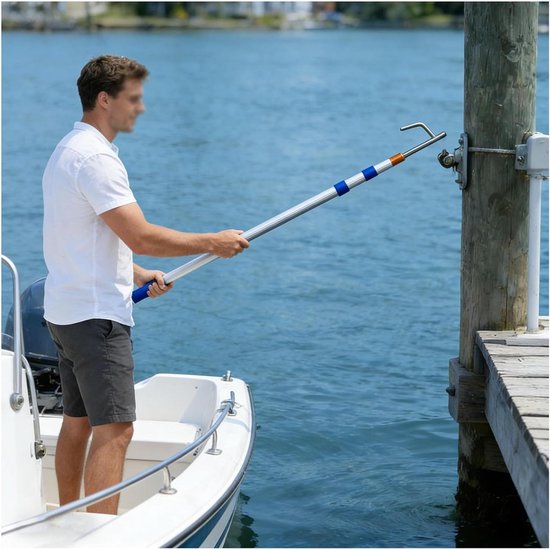 Telescopische duwstang - Uitschuifbare stang - Boot aanleggen - Met pick-up haak - Tot 6 meter - Zilver en blauw