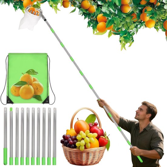 Telescopische fruitplukker met roestvrijstalen verbinding, 4 meter lang, voor appels, kersen en pruimen, inclusief katoenen zak en 16 cm diameter grijper