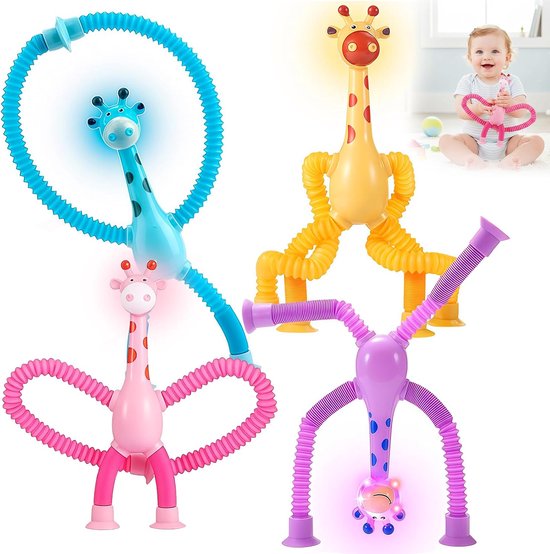 Telescopische giraffe met zuignap voor kinderen – 4 stuks kleurrijk sensorisch speelgoed, uittrekbaar, stressverminderend en educatief – ideaal cadeau 2-6 jaar