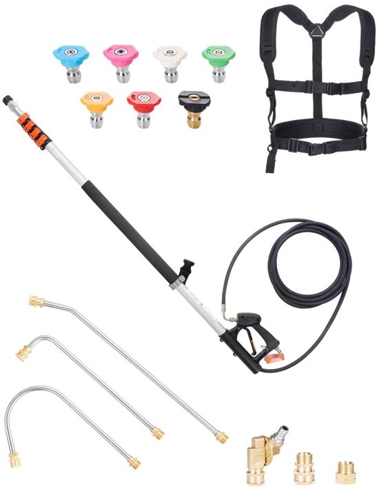 Telescopische hogedruklans - Lans voor hogedrukreiniger - Tot 6,36 m - Max 4000 psi (275 bar) - Draaibare koppeling - Dakgootreiniger - Met 7 sproeiers - Verstelbare draagriem van Merkloos	