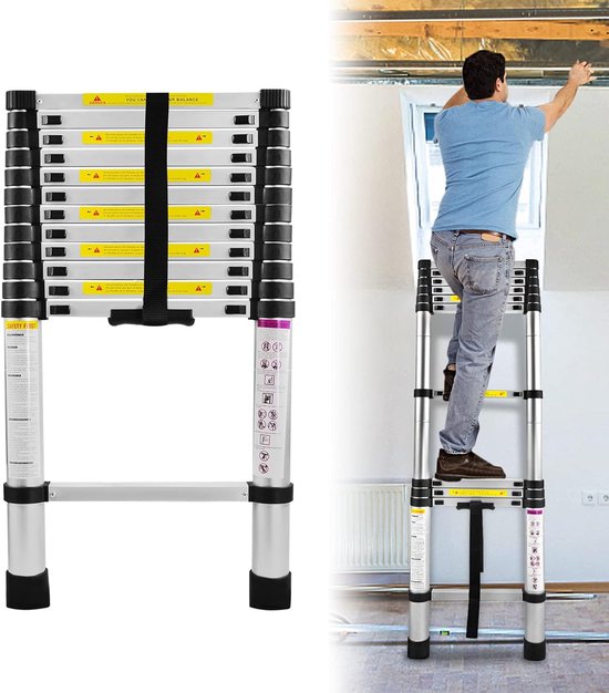 Telescopische Ladder - Uitschuifbare Ladder - Veelzijdig Gebruik - Opvouwbaar Ontwerp - 3.8 Meter - Zilver van Merkloos	