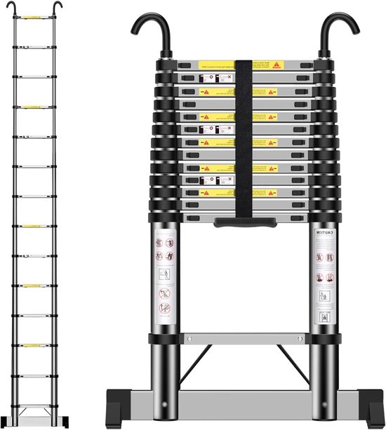Telescopische Ladder - Uittrekbare Ladder Opvouwbare Ladder - Klusjes Binnen en Buiten - Met Haken en Stabilisator - 4.7 Meter