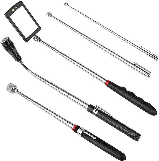 Telescopische Magnetische Pickup Tool Set - 5-delige Uitschuifbare Magneet Sticks met Spiegel en Zaklamp