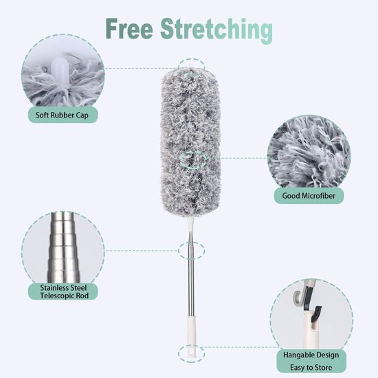 Telescopische Microfiber Duster met RVS Handvat en Buigbare Hoekborstel voor het Schoonmaken van Hoge Plafonds, Ventilatoren en Spinrag