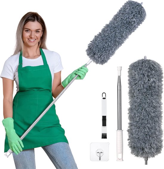 Telescopische Plumeau, Microvezel Stofmop Stofbezem Met Mini-vensterpoetsborstel, Roestvrijstalen Telescopische Stang en Zelfklevende Haak, Stofbezem Tot 245cm Lengte - grijs van T