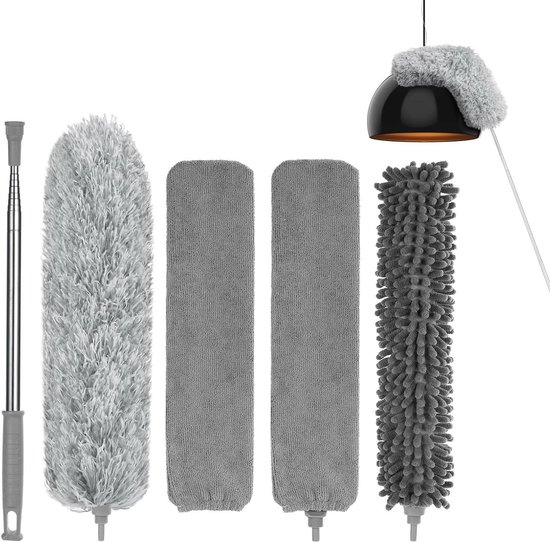 Telescopische plumeau - Stofwisser set - Hoge plekken reinigen - Buigbare microvezelkop - Tot 243 cm - Grijs