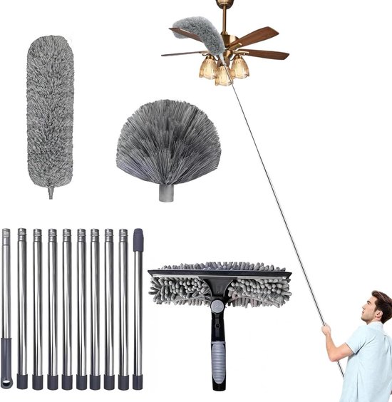 Telescopische Plumeauset - Raamreiniger Set - Hoge Oppervlakken Schoonmaken - 2-in-1 Raamwisser - 6 m bereik - Grijs