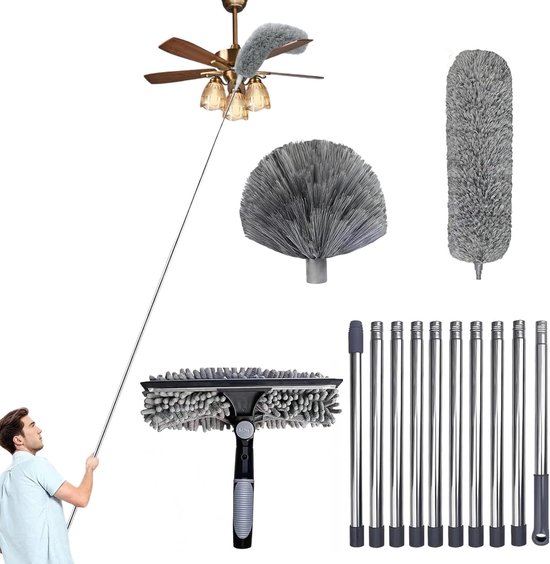 Telescopische plumeauset - Reinigingsset - Stofvrij maken - 6 meter bereik - Lange steel - Grijs