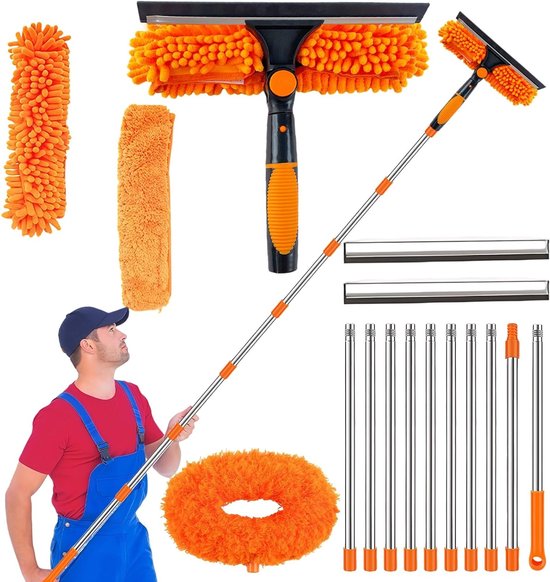 Telescopische Raamreiniger 4 Meter, 2-in-1 Microvezel Borstel en Rubber Trekkertje, Ideaal voor Hoge Ramen, Muren en Auto's
