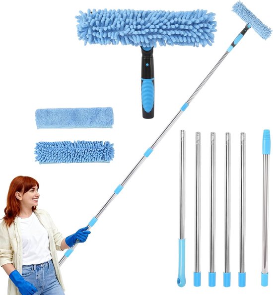Telescopische Ruitenwisser Set van 4 m voor Binnen en Buiten, Ideaal voor Badkamer, Douche en Auto, 2-in-1 Ramenreiniger voor Hoge Ramen