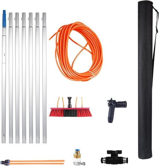 Telescopische Schuifstok (7-12m) met Borstel en Waterslang - Ideaal voor Dak, Zonnepanelen, Vrachtwagen & Bus van Merkloos	