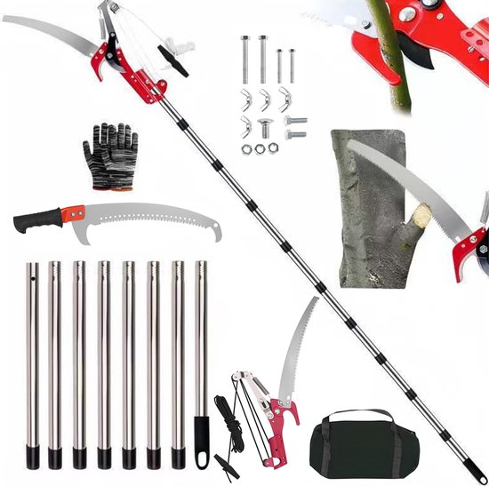 Telescopische snoeischaar met snoeizaag – Professionele tuingereedschapset – Geschikt voor tuin en landbouw - 10+ delen met twee bladen + opbergtas + handschoenen - Roestvrij staal + ABS - 1,2 mm dikte - Hoogte 4,2 meter - Bladlengte 42 cm